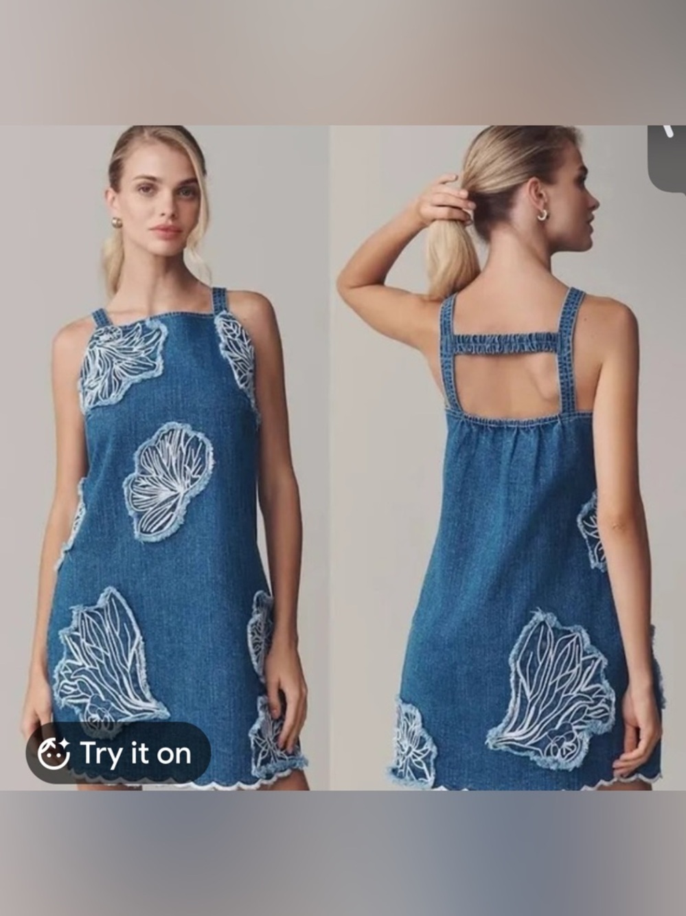 Anthropologie Blue Denim Floral Appliqué Mini Dress